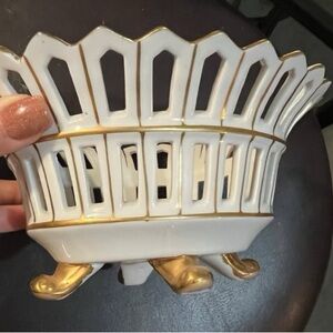 Antique reticulated porcelain lattice bowl claw footed white/gold bowl #6703